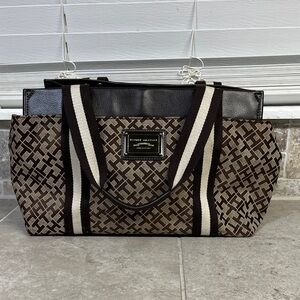 Tommy Hilfiger Brown & Black Tote Bag with Signature Pattern, EUC, clean, wide!